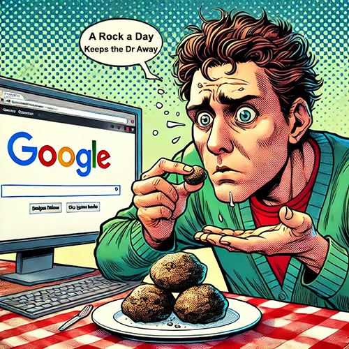 A vibrant, comic-style illustration depicts a man with a bewildered expression sitting at a table in front of a computer displaying the Google search homepage. The man is holding a rock and appears to be contemplating eating it, with a plate of similar rocks stacked in front of him. A speech bubble near his head reads, "A Rock a Day Keeps the Dr Away," parodying the common phrase "An apple a day keeps the doctor away." The scene has a surreal and humorous tone, exaggerated facial features and a pop-art aesthetic, emphasizing the situation's absurdity.