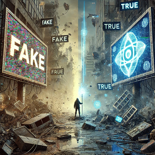 A dystopian cityscape with a solitary figure standing in the middle of a debris-filled street. The scene is chaotic, with damaged buildings, scattered rubble, and broken electronic devices. On either side of the street are two large, glowing digital billboards. The billboard on the left reads "FAKE" in bold letters, surrounded by distorted static and other "FAKE" signs. The billboard on the right displays the word "TRUE" alongside a glowing atomic symbol, with multiple more minor "TRUE" signs around it. A vertical beam of blue light stretches into the sky from the center, casting an eerie glow. The dark and gritty atmosphere suggests a conflict between truth and deception in a post-apocalyptic world.