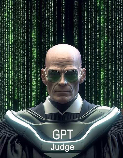 A futuristic portrayal of a bald, stern-looking figure wearing dark sunglasses and dressed in a high-tech judge's robe with glowing elements. The robe displays the words "GPT Judge" on the front. Behind the figure, a background of cascading green code, reminiscent of the "Matrix" style, emphasizes the digital or AI nature of the character. The judge's expression is serious and authoritative, blending human-like features with advanced technological aesthetics, symbolizing a fusion of artificial intelligence and judicial authority. The atmosphere conveys a sense of power and control in a digital or virtual realm.