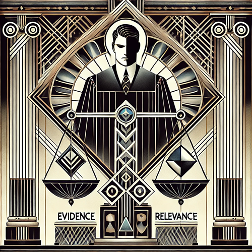 A stylized, art deco-inspired illustration featuring a central figure of a judge with a solemn expression, depicted in geometric shapes and bold lines. The judge is framed within an intricate triangular design, with a scale of justice, with each side balanced by abstract symbols. Below the scales, the words "EVIDENCE" and "RELEVANCE" are written in capital letters. The background includes symmetrical columns and elaborate patterns, emphasizing the balance and order of justice. The artwork is rendered in a monochromatic black, white, and beige palette, evoking a sense of formality and precision.