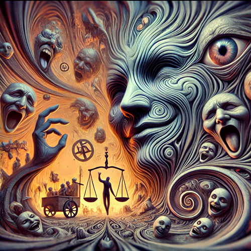 A surreal and chaotic scene filled with swirling, abstract shapes and distorted faces. The composition is dominated by a large, flowing face with one prominent eye, merging with the surrounding elements. Various other faces and figures emerge from the swirling lines, expressing emotions like anguish, horror, and madness. In the center, a silhouetted figure holds a set of scales, symbolizing justice amidst the chaos. The background features fiery tones, adding to the scene's intensity, while other unsettling elements, like Disescene's hands and twisted forms, create a sense of turmoil. The overall mood is dark, dreamlike, and haunting, evoking themes of inner conflict and the struggle for balance.