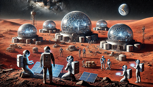 A futuristic Mars colony with several domed habitats spread across the red Martian surface. The transparent domes reveal complex interior structures, possibly residential or research facilities. Spacesuit astronauts work around the site, setting up equipment such as solar panels, crates, and machinery. The reddish terrain is dotted with scattered rocks, and a few towers and storage units are visible around the domes. In the sky above, a view of a starry galaxy can be seen, along with Earth appearing tiny in the distance, highlighting the otherworldly setting and the theme of space colonization.