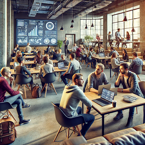 A lively, modern coworking space filled with people engaged in various activities. The open area features wooden tables and black chairs, with individuals working on laptops, discussing in groups, and some sitting alone focused on their tasks. In the background, a large digital display on the wall shows data visualizations, charts, and graphics. The space has large windows letting in natural light, industrial-style exposed ceilings with hanging lights, and a relaxed yet professional atmosphere. A raised platform with additional seating is visible, where people are conversing and working, contributing to the collaborative and social ambiance of the environment.