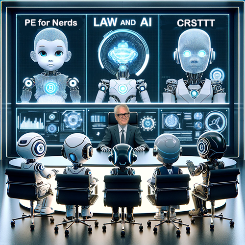 A futuristic meeting room with a circular table surrounded by robots and a Ralph Losey. The robots have various humanoid designs with distinct heads and facial features, sitting attentively around the table. At the head of the table sits Ralph Losey in a suit, wearing glasses, overseeing the meeting. In the background, a large digital screen displays three robot figures labeled "PE for Nerds," "LAW AND AI," and "CRSTTT." The screen is filled with futuristic data, holographic elements, and symbols, suggesting a discussion about AI, law, and education. The room has a sleek, high-tech aesthetic with a glowing, blue-toned ambiance.