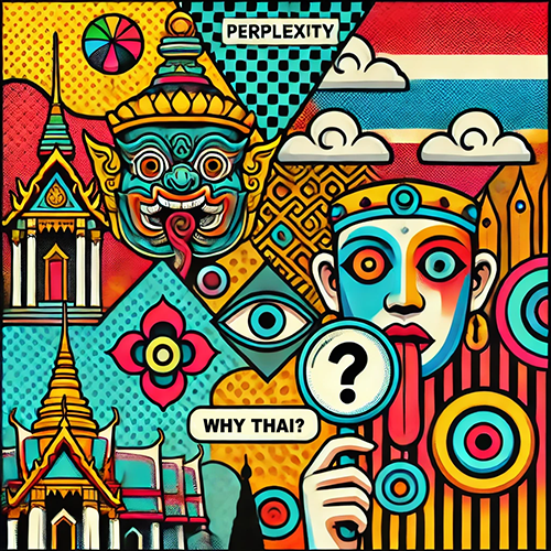 A vibrant, pop-art style illustration featuring a collage of Thai cultural elements and symbols. The image includes a traditional Thai temple with ornate architecture, a colorful and stylized depiction of a giant guardian's face with a protruding tongue, and a person with a questioning expression holding a magnifying glass with a question mark inside. The background is filled with geometric patterns, bright colors, and a mix of traditional and modern motifs. The word "PERPLEXITY" appears at the top, and a speech bubble below the magnifying glass reads, "WHY THAI?" The artwork combines elements of Thai culture with a contemporary, playful design, evoking curiosity and exploration.