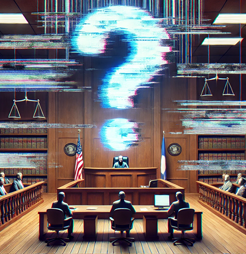 A courtroom scene with a significant, glitchy holographic question mark hovering above the judge's bench. The scene is set in a traditional wood-paneled courtroom, with flags and legal symbols, including scales of justice, visible on the walls. The judge sits at the center, presiding over the court, while lawyers and attendees, some appearing robotic, are seated on either side. The question mark, distorted with digital interference, suggests uncertainty or ambiguity in the proceedings, blending technology elements with the formal law setting. The overall atmosphere conveys a tension between traditional justice and modern technological influence.