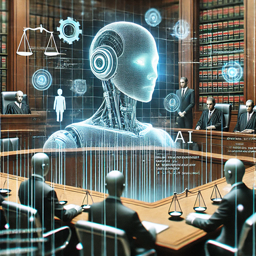 A futuristic courtroom scene featuring a large holographic AI figure at the center, surrounded by humanoid robots seated around a table. The AI figure has a glowing, translucent appearance, with circuitry visible on its body, and is projected above the table, giving it a commanding presence. The humanoid robots, dressed in black suits, formally sit at the table with scales of justice before them, symbolizing legal decision-making. In the background, robot-like judges are seated while legal bookshelves line the walls. Various digital icons, such as gears, scales, and human figures, float around the AI, suggesting artificial intelligence, law, and justice themes.