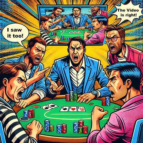 A comic-style illustration depicting a heated argument around a poker table. Five men, all with intense and angry expressions, are pointing fingers and shouting at each other. Poker chips and cards are on the table, indicating a game in progress. In the background, a large screen shows a scene replay, amplifying the tension. Two speech bubbles highlight the chaos, with one man shouting, "I saw it too!" and another declaring, "The Video is right!" The background features dynamic, explosive lines in yellow and blue, adding to the dramatic and aggressive atmosphere.