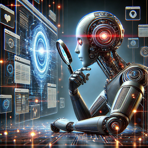 A humanoid robot with a sleek, metallic body is intently examining a large digital screen using a magnifying glass. The robot's design features intricate mechanical components, with one eye glowing red and various circuits visible on its head and arms. The digital screen in front of the robot displays a complex circular interface, surrounded by multiple floating windows showing different icons, graphs, and data. The robot's thoughtful posture, with one hand resting under its chin, suggests it is analyzing or processing information, symbolizing the concept of artificial intelligence and data analysis.