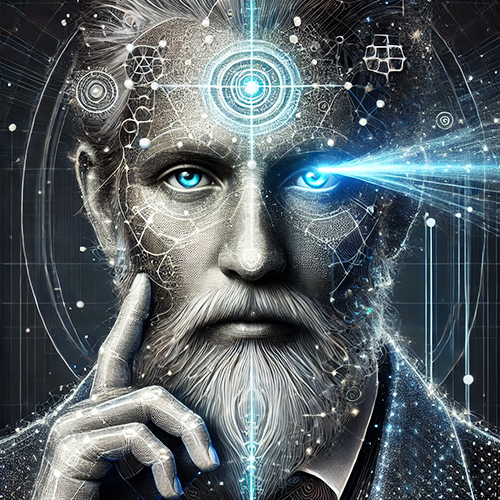 A digital, futuristic portrait of a bearded man with glowing blue eyes conveys a theme of artificial intelligence and advanced consciousness. His face is detailed with intricate circuitry, geometric patterns, and abstract technological designs. One eye emits a bright light beam, projecting outward as if scanning or analyzing. The man's expression is contemplative, with one finger touching his chin, suggesting deep thought or awareness. A circular, illuminated symbol is positioned on his forehead, resembling a target or an energy source, surrounded by complex neural connections. The grayscale and metallic tones, contrasted by the bright blue highlights, add a sci-fi, cybernetic feel to the image.