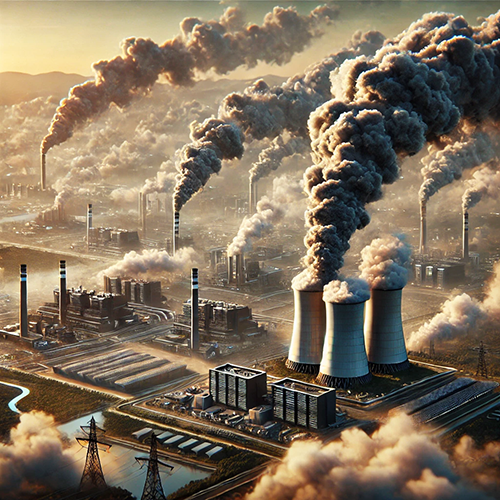 A sprawling industrial landscape dominated by multiple power plants and factories emitting thick plumes of dark smoke into the sky. The image shows large cooling towers, chimneys, and other industrial structures surrounded by power lines and infrastructure. The smoke creates dense clouds, filling the atmosphere and partially obscuring the background, conveying a sense of heavy pollution and environmental impact. The scene is lit by a warm, hazy light, adding to the dramatic effect of the pollution rising against the sky. The landscape extends into the distance, suggesting a large-scale industrial area.