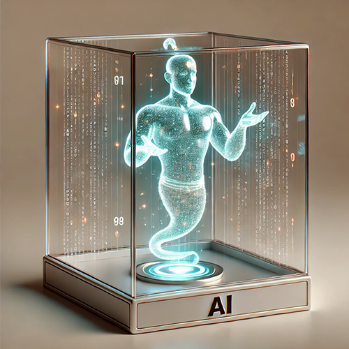 A glowing holographic figure resembling a genie is contained within a transparent glass box labeled "AI." The genie is composed of bright, digital particles, giving it a luminous and ethereal appearance, with its body tapering off into a wisp, similar to a traditional genie form. Its arms are outstretched in a welcoming gesture, and the figure is positioned above a base that emits light, suggesting it is being projected. The interior of the glass box displays cascading lines of binary code and digital patterns, enhancing the theme of artificial intelligence and the fusion of technology with mythical imagery.