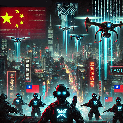 A cyberpunk-themed cityscape filled with glowing neon signs, advanced technology, and drones. The scene is dominated by a large Chinese flag and several smaller Taiwanese flags, suggesting a geopolitical theme. Armed soldiers in high-tech suits with glowing blue lights stand at the forefront, facing the city. Several drones hover above, equipped with bright lights and sensors, contributing to a sense of surveillance and control. The skyscrapers are adorned with neon signage in Chinese characters, and digital data streams flow down from tall buildings. The atmosphere is tense and futuristic, evoking themes of technological warfare, cyber control, and political conflict.