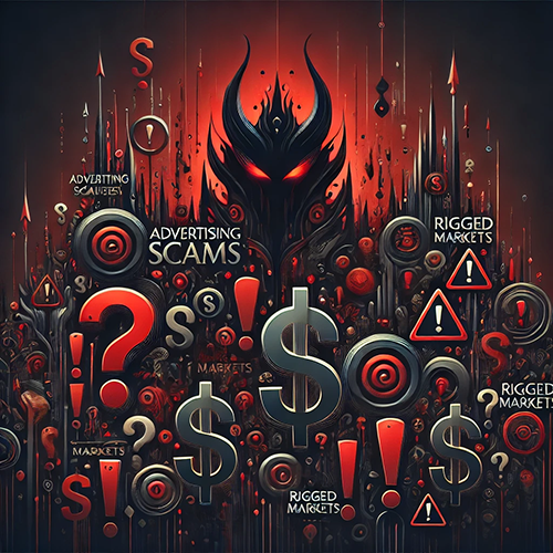 A dark and ominous illustration filled with symbols of deceit and danger. In the background, a menacing black figure with glowing red eyes and sharp, horn-like features looms over the scene, creating an aura of evil. Surrounding the figure are various warning symbols, such as exclamation marks, question marks, and dollar signs, all in bold, striking colors like red, black, and silver. Words like "ADVERTISING SCAMS," "RIGGED MARKETS," and "MARKETS" are scattered throughout, emphasizing themes of corruption and manipulation. The overall atmosphere is chaotic and threatening, conveying a sense of fear and distrust in financial or advertising systems.