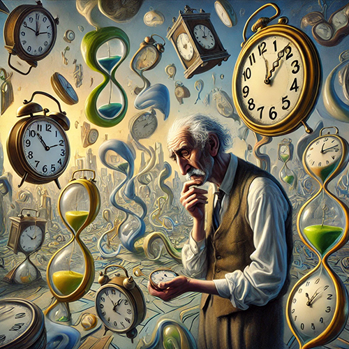 A surreal image of an older man standing amidst an abstract scene filled with floating clocks and hourglasses. The man, with white hair and a thoughtful expression, is wearing a brown vest over a white shirt and holding a pocket watch. He appears deep in contemplation, surrounded by melting and distorted timepieces of various sizes, some resembling traditional wall clocks and others appearing as hourglasses with green or yellow sand. The background is a dreamlike, flowing landscape where time seems to warp and bend. The overall atmosphere evokes themes of time, aging, and reflection.