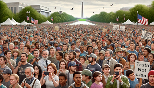 A large, peaceful protest or rally taking place in Washington, D.C., with the Washington Monument visible in the background. The diverse crowd of people of all ages and ethnicities fills the entire National Mall, holding signs and capturing the event on their phones. Some visible signs read "Truth Not Lies" and "Loudly We Protest." American flags are waving on both sides of the scene, and white tents are set up along the edges. The atmosphere feels energetic yet orderly, with a strong sense of unity and purpose as people stand together supporting a cause. Birds can be seen flying above, and the lush green trees frame the scene.