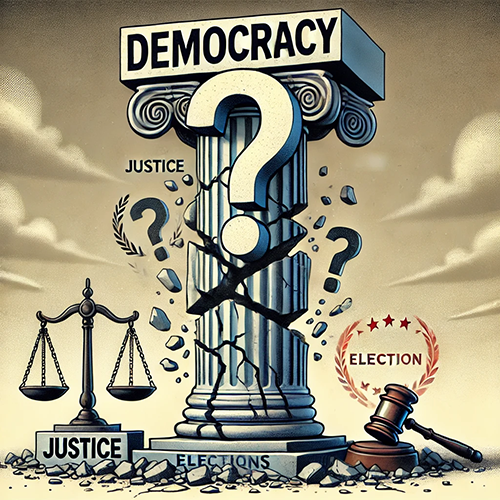 An illustration depicting a crumbling pillar labeled "DEMOCRACY," with a giant question mark at its center, symbolizing instability or uncertainty. The pillar is cracked, and pieces are falling off, suggesting the weakening of democratic principles. To the left, a scale of justice is balanced, labeled "JUSTICE," On the right, a gavel and a circular symbol with stars labeled "ELECTION" lie on the ground. Broken pillar pieces surround these elements, and smaller question marks float near the cracks, emphasizing doubt and fragility in justice and elections. The background features cloudy skies, adding a sense of foreboding.