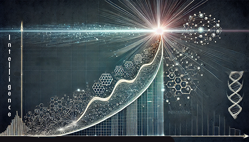 An abstract, conceptual illustration representing the evolution of intelligence. A curved, upward trajectory line sweeps across the image, starting from the bottom left and culminating in a bright, radiant burst of light at the top right. Along the curve, various symbols of complexity and growth are depicted, such as hexagonal patterns, molecular structures, and neural connections, suggesting themes of knowledge, biology, and technology. A DNA helix on the right reinforces the connection between life and intelligence. The background has a technical, blueprint-like texture with faint grid lines, emphasizing a scientific and futuristic theme. The word "Intelligence" is vertically aligned along the left edge.