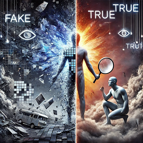 A split-image illustration contrasting two opposing themes: "Fake" on the left and "True" on the right. The left side is dark and chaotic, featuring a fragmented figure of pixelated blocks disintegrating into the surroundings. An eye symbol, broken and distorted, hovers above the scene with the word "FAKE" nearby. Below, debris like shattered tiles and a wrecked vehicle are scattered across a stormy landscape. The right side is brighter, with warm tones and a glowing, intact humanoid figure standing amidst clouds. Another humanoid figure kneels, holding a magnifying glass, examining the environment. Above, the word "TRUE" appears multiple times with an eye symbol, suggesting clarity and enlightenment. The scene represents a battle between deception and truth, using surreal and symbolic imagery.