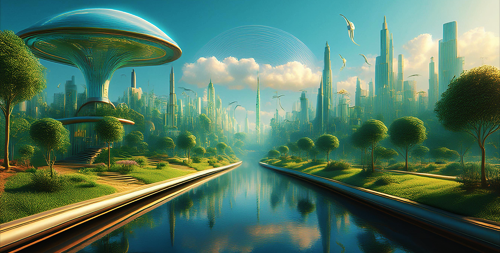 A futuristic cityscape bathed in soft, golden light. The scene features tall, sleek skyscrapers with varying designs, including pointed spires and smooth, rounded tops. On the left side of the image, there is a large, mushroom-shaped structure with a glass-like dome. A river runs through the middle of the scene, reflecting the sky and buildings, bordered by lush greenery and neatly spaced trees. Birds fly in the sky, and fluffy clouds hover above the city. The overall ambiance is serene, blending advanced technology and natural elements.