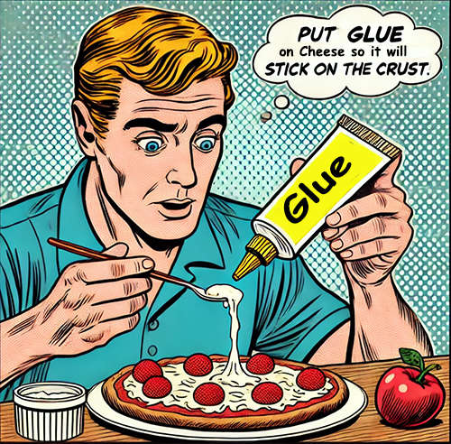 A comic-style illustration features a man with a surprised expression, holding a tube labeled "Glue" as he spreads the substance onto a pizza. The pizza is topped with pepperoni, and a small container of white sauce and an apple are placed on the table before him. A speech bubble above him says, "PUT GLUE on Cheese so it will STICK ON THE CRUST." The scene is depicted in a retro pop-art style, with bold lines and bright colors, humorously exaggerating the situation's absurdity.