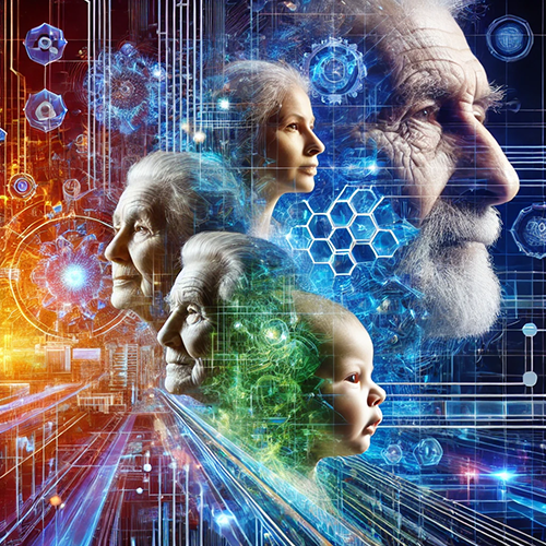 A conceptual image depicting the progression of human life, showing faces of different ages, from a baby to an older person. The faces are layered vertically across the image, starting with the baby at the bottom and transitioning through a child, an adult, and finally, an older person on the top. Each face looks forward with a contemplative expression. The background is filled with abstract technological elements, such as circuit patterns, hexagons, gears, and glowing lines, suggesting themes of life, evolution, and the interplay between humanity and technology. The colors transition from warm reds and oranges on the left to cooler blues and greens on the right.