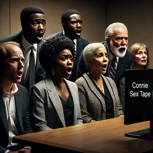 A group of six people dressed in formal attire sit around a table in a dimly lit room, all displaying shocked and wide-eyed expressions as they stare at a screen. The screen displays the text "Connie Sex Tape" in bold white letters. The group is diverse in age and ethnicity, with expressions ranging from disbelief to surprise. The setting suggests a severe or professional environment, contrasting with the screen's unexpected content and creating dramatic tension.