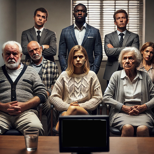 A group of eight people seated in a small, dimly lit room, staring intently at a blank, black screen placed on a table in front of them. The group consists of individuals of varying ages, from elderly men and women to younger adults, all dressed in a mix of casual and formal attire. Their expressions are serious, with crossed arms and a sense of anticipation or tension in their body language. A glass of water is on the table next to the screen, adding to the quiet, focused atmosphere, suggesting they are waiting for or reacting to something significant. Light streams in softly through window blinds in the background.