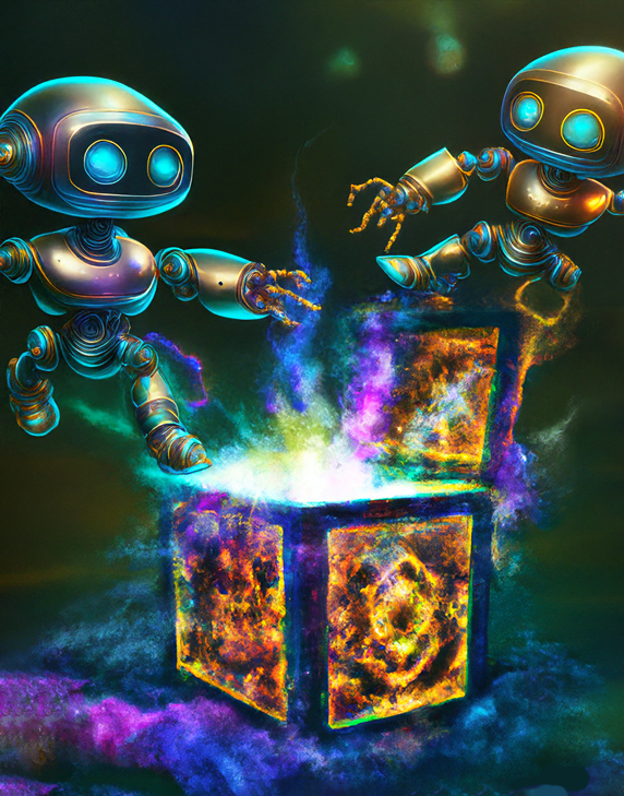 A vivid, fantastical illustration of two small robots hovering around an open, glowing box. The robots have bright, round eyes and metallic bodies with articulated joints, giving them a playful and curious appearance. The box emits colorful, swirling energy in cheerful shades of blue, purple, yellow, and green, creating an ethereal, almost magical effect. The robots are reaching toward the box's light, which seems to be bursting out with radiant, smoke-like tendrils of energy. The scene conveys a sense of wonder and discovery, blending elements of technology with a mystical, otherworldly glow.