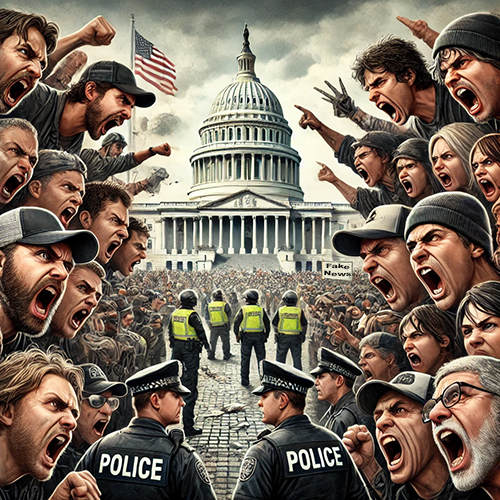 An intense and chaotic scene of a large protest in front of the U.S. Capitol building. Angry protesters on both sides of the image, many shouting with clenched fists, face off against a line of police officers wearing riot gear. The protesters appear to be in a heated confrontation, with some holding signs, including one that reads "Fake News." The Capitol's dome looms in the background and an American flag waves above the scene. The crowd is dense, with high emotions, evoking political unrest and division themes. The atmosphere is tense, with a palpable sense of conflict.