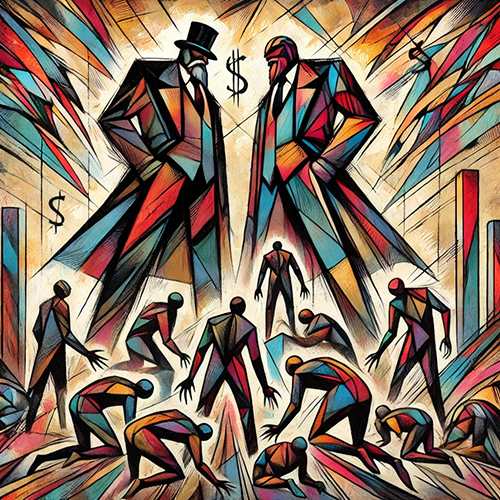 A stylized, abstract illustration featuring two prominent, imposing figures in the center, depicted in sharp, angular shapes and vibrant colors. The figures, one wearing a top hat, represent authority or power, with dollar signs floating near them, symbolizing wealth. Surrounding them are smaller, bent-over figures in similar angular forms, appearing to labor, struggle, or bow down. The background is filled with dynamic, radiating lines and fragmented geometric patterns, adding a sense of tension and movement. The artwork conveys inequality, power dynamics, and social struggle through a cubist-inspired, vivid visual style.