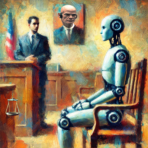 A courtroom scene painted in an impressionist style, featuring a humanoid robot seated on the witness stand. The robot has a white, streamlined body with visible joints and a neutral expression. Across from the robot stands a man in a suit, appearing to question or address the robot. The background includes a painting of a stern-looking man in a suit and tie, positioned beside an American flag, adding to the formal atmosphere. A small set of scales is visible in the foreground, symbolizing justice. The painting has textured brushstrokes and a warm color palette, giving it a classic, artistic feel.