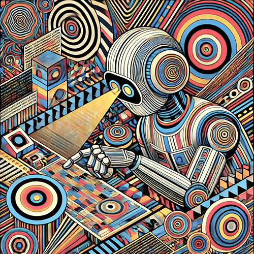 A humanoid robot is seated at a desk, deeply focused on a colorful, abstract workspace. The robot's eyes emit a bright light onto the desk, illuminating a document or screen filled with intricate patterns and text. The scene is filled with concentric circles, stripes, and geometric shapes in vibrant, swirling colors, creating a psychedelic and surreal environment. The robot points at the illuminated surface, suggesting it is analyzing or interacting with the information. The artwork blends futuristic technology with vivid, abstract designs, evoking a sense of deep concentration and exploration.