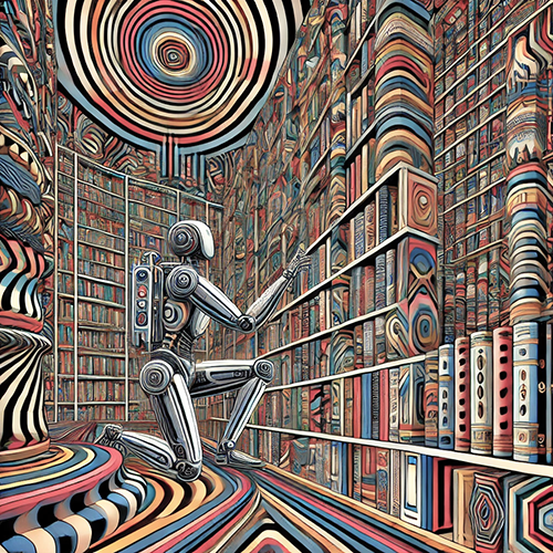 A humanoid robot is kneeling in an abstract, surreal library filled with towering shelves of books. The robot is reaching out towards a book, seemingly in the process of selecting it. The entire scene is highly stylized, with the books, shelves, and floor all featuring swirling, multicolored patterns that create a hypnotic, almost dizzying effect. The ceiling has a large concentric circle design that mirrors the swirling patterns below. The overall atmosphere is a blend of futuristic technology and psychedelic art, suggesting the merging of knowledge, technology, and creativity.