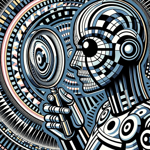 An abstract, geometric illustration of a humanoid robot holding a magnifying glass close to its face. The robot's design is composed of intricate, mosaic-like patterns in black, white, and blue shades, with circular and linear motifs creating a complex visual texture. The magnifying glass is large, with concentric circles and radial lines that mirror the patterns on the robot and the background. The backdrop is filled with dynamic, swirling shapes and lines, reinforcing the theme of analysis, scrutiny, and the search for detail. The image combines a futuristic aesthetic with a highly stylized, artistic approach.