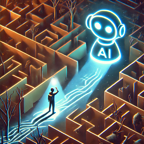 An illustration of a person standing in a dark, intricate maze holding a light source, possibly a flashlight, which illuminates their path. The maze's walls are high, with some dead trees scattered around, giving a mysterious and challenging atmosphere. Above the maze, a large, glowing blue icon of a robot's head with the letters "AI" on its body floats, casting light on the person and guiding them through the maze. The scene symbolizes the concept of artificial intelligence helping to navigate complex situations or find solutions.