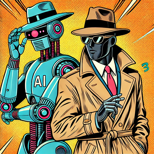 A comic-style illustration featuring a detective duo, one being a humanoid robot and the other a human. The robot has a sleek, retro-futuristic design, with "AI" prominently on its chest. It wears a fedora tipped with one hand, giving it a classic detective appearance. Beside the robot stands a human detective, dressed in a tan trench coat, fedora, dark sunglasses, and a red tie. He poses as if holding a cigarette in one hand and strikes a confident pose. The background is a vibrant, action-packed orange with dynamic lines, enhancing the dramatic, noir-inspired atmosphere.