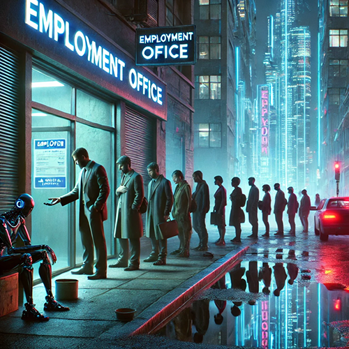 A cyberpunk-style scene of a city street at night, where a long line of people is waiting outside an "Employment Office" illuminated by a bright neon sign. The individuals are dressed in dark, somber clothing and appear to be patiently queuing, holding briefcases or papers. At the front of the line, a humanoid robot sits on the curb with a bowed head, holding a cup for donations, suggesting a state of unemployment or displacement. The street is wet, reflecting the city lights, and tall buildings with neon signs tower in the background, creating a moody and dystopian atmosphere that explores themes of technology, unemployment, and societal change.