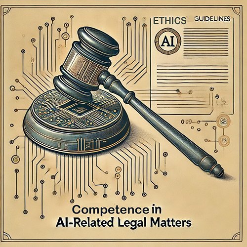 The image features a gavel resting on a round base, overlaid with circuitry patterns, symbolizing the intersection of technology and law. In the upper right corner, there is text that reads "ETHICS" and "GUIDELINES," with a circle labeled "AI" and lines resembling legal documents. The bottom of the image contains the text "Competence in AI-Related Legal Matters." The overall design uses a muted, vintage color palette, blending legal and technological elements to represent ethical and legal considerations in artificial intelligence.