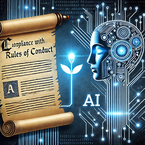 A digital illustration combining themes of artificial intelligence and ethics. On the left is an old parchment scroll titled "Compliance with Rules of Conduct," written in a formal, gothic-style font. Below the heading is a block of text and a large decorative "A" at the beginning, resembling a historical document. A glowing plant with leaves and a central bulb is positioned next to the scroll, symbolizing growth or life. On the right is a stylized human head composed of circuit patterns and gears, representing AI, with glowing lines extending from the head like a neural network. The letters "AI" are prominently displayed below the head, set against a dark blue background with binary code and digital motifs.