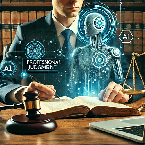 An image depicting a blend of law and artificial intelligence. In the foreground, a suited individual is seated at a desk, writing in an open book, symbolizing legal work or judgment. Next to the book, a gavel and a balanced scale of justice are placed, representing the legal system. A translucent humanoid robot with glowing circuits is shown to the person's side, symbolizing AI. Digital icons labeled "AI" and "Professional Judgment" float around, highlighting human decision-making and AI interactions. Bookshelves filled with law books are visible in the background, reinforcing the legal setting.