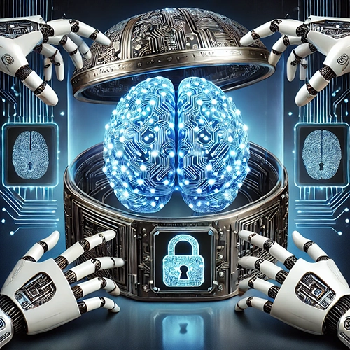 An intricate image featuring a glowing, digital brain inside a metallic, lockable container. The brain is illuminated with blue circuitry patterns, symbolizing artificial intelligence or advanced computing. Surrounding the container are multiple robotic hands, some opening the top lid, designed like a circuit board. The container has a prominent lock symbol on the front, representing data security or encryption. In the background, additional security elements like digital fingerprint scans are displayed on circuit board patterns. The image conveys themes of AI, cybersecurity, and protected intelligence.