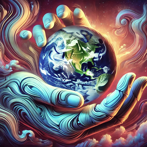 A stylized image of large, glowing hands cradling the Earth. The hands are depicted with swirling, wave-like patterns, and their vibrant colors blend with the surrounding space and cloud-like forms. The Earth is detailed, showing North and South America, contrasting the planet's natural colors and the surrounding cosmic background. Bright light radiates behind the Earth, creating a warm, ethereal glow. The overall image evokes a sense of care, protection, and the interconnectedness of nature and the cosmos.