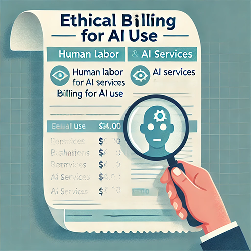 An illustrated receipt titled "Ethical Billing for AI Use," detailing costs for human labor and AI services.