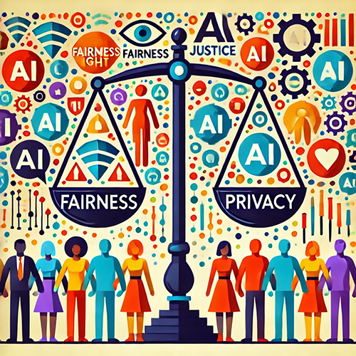 This vibrant illustration features a large-scale balance of "Fairness" on the left and "Privacy" on the right. Above and around the scale are numerous symbols related to artificial intelligence (AI), including icons of AI, eyes, justice scales, gears, and locks. The words "AI," "Fairness," and "Justice" are prominently displayed. Below the scale, a diverse group of people stands united, representing various genders and ethnicities. The image emphasizes themes of ethical AI, balancing fairness with privacy concerns, and the impact of technology on society. The background is filled with colorful symbols and patterns representing data and technology.