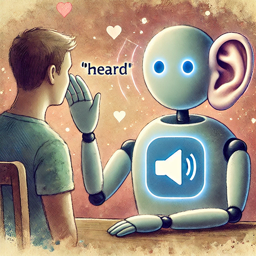 A whimsical, illustrated image of a robot and a person sitting across from each other. The robot, with glowing blue eyes and a large ear attached to its head, faces the person, appearing to listen intently. A bright speaker icon on the robot's chest symbolizes sound or communication. The person, shown from behind, has a hand raised as if speaking to the robot. Above the robot's head, the word "heard" appears, accompanied by small floating heart icons, suggesting understanding or empathy. The background is soft, with warm pink and beige tones, creating a friendly, approachable atmosphere.