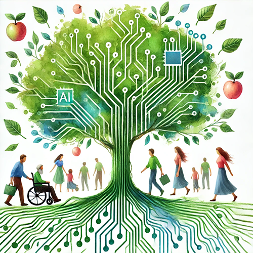 It is an illustration of a tree with branches and roots designed as circuit board patterns, symbolizing a blend of nature and technology. The canopy has green leaves, and apples hang from the branches. Integrated into the tree's structure are digital elements, such as microchips and an "AI" label on one of the circuits. Beneath the tree, diverse groups of people are walking, including a person in a wheelchair and others carrying bags or walking in pairs. The tree's roots resemble connected circuits, reinforcing the fusion of organic life and technology.