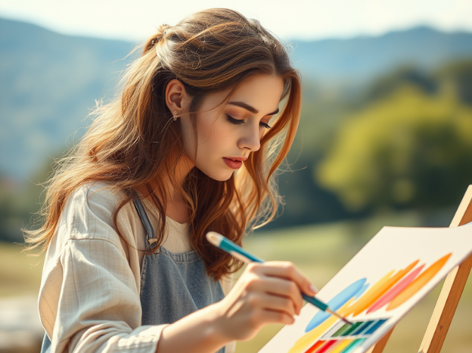 A young woman with long, wavy hair focuses intently on painting outdoors. She wears a light, oversized shirt and denim overalls, and holds a paintbrush, applying vibrant colors to a canvas on an easel. The background shows a blurred, scenic landscape with green hills and trees under a soft, natural light, creating a peaceful atmosphere. The image captures a serene moment of creativity and concentration in a natural setting.