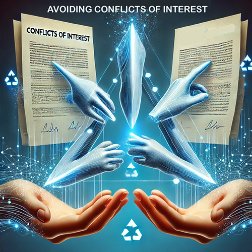 An abstract illustration depicting hands interacting with documents, emphasizing the theme of avoiding conflicts of interest.