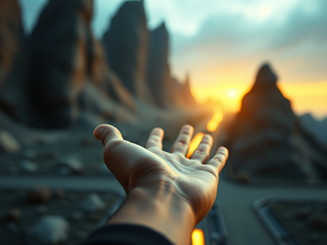 A close-up of an outstretched hand reaching towards a bright, golden sunset in a rocky, mountainous landscape. The arm extends from the bottom left of the frame, leading the viewer’s eye towards the distant horizon where the sun is setting between tall, rugged rock formations. The lighting casts a warm glow on the hand and the scene, creating a sense of yearning or aspiration. The blurred background emphasizes the focus on the hand and the dramatic, ethereal landscape.